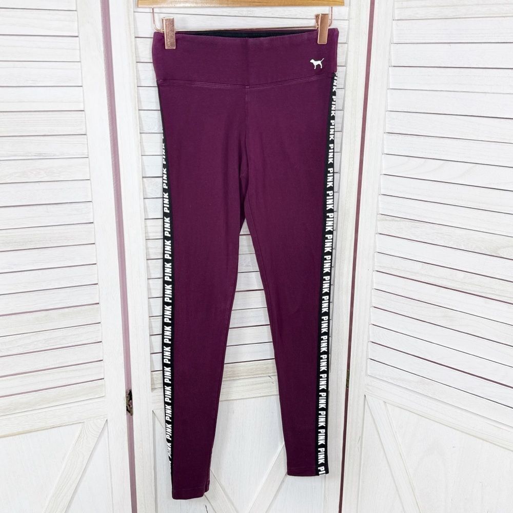 PINK Victoria's Secret Logo Stripe Jersey Knit Leggings Burgundy Red XS